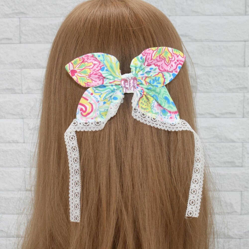 HAND CRAFTED Upcycled Butterfly Hair Bow Pink Paisley Oversized Lace Tail White